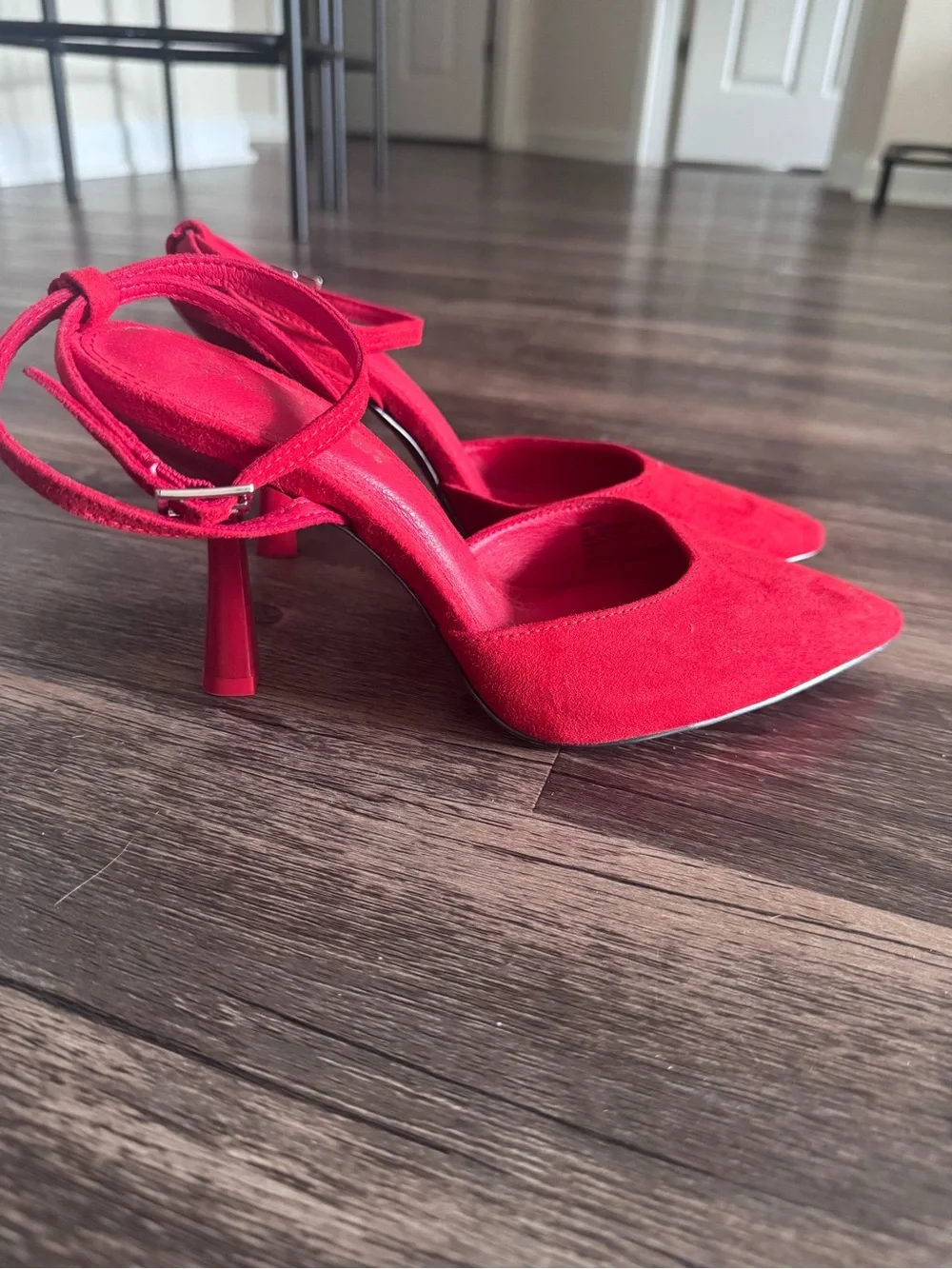 Shoe Dazzle Red Suede Pointed-Toe Ankle-Strap Heels